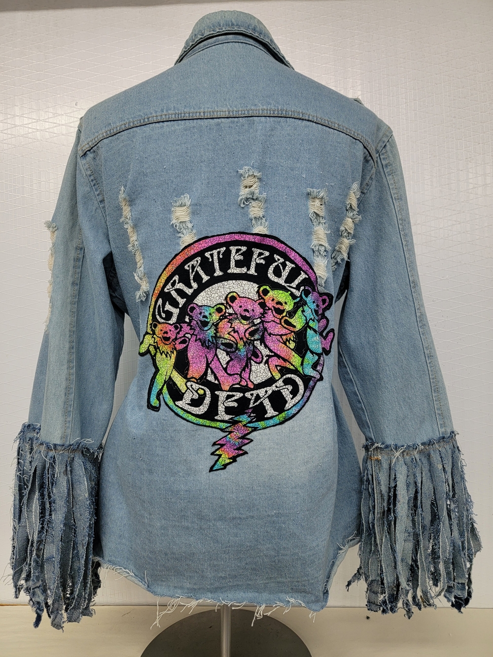 Grateful Dead Denim Jacket With Fringe Sleeves Upcycled